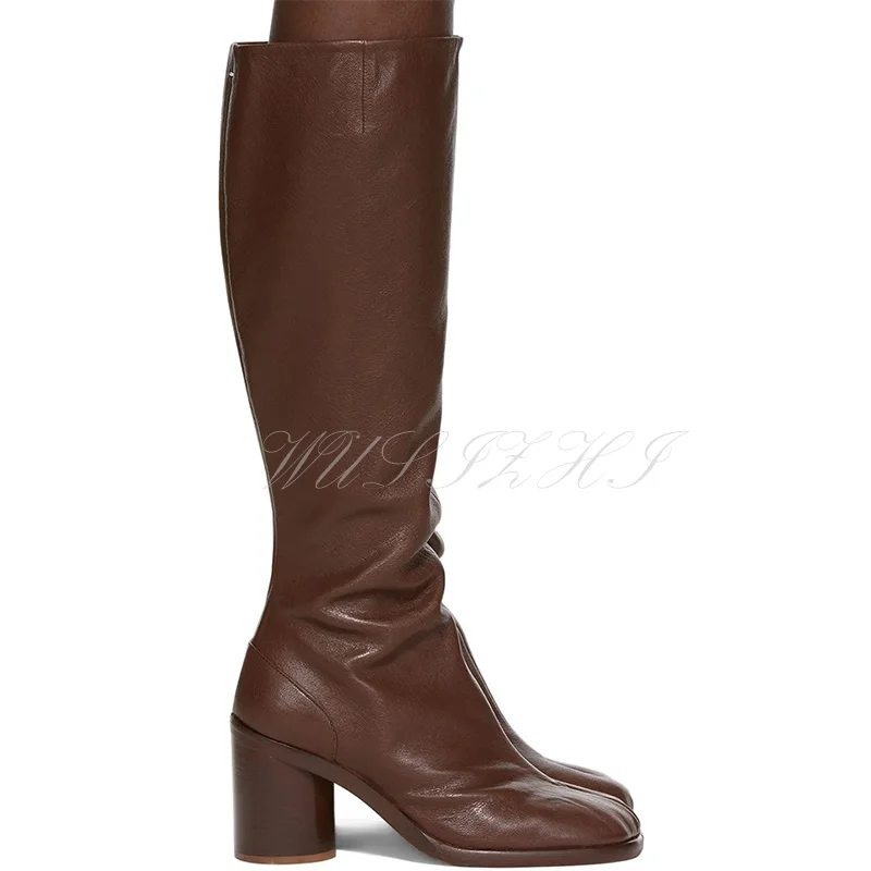 Black Leather Knee High Women Boots Solid Chunky Heel Round Zipper White Dark Brown Casual Booties Lady Genuine Split Toe Shoes