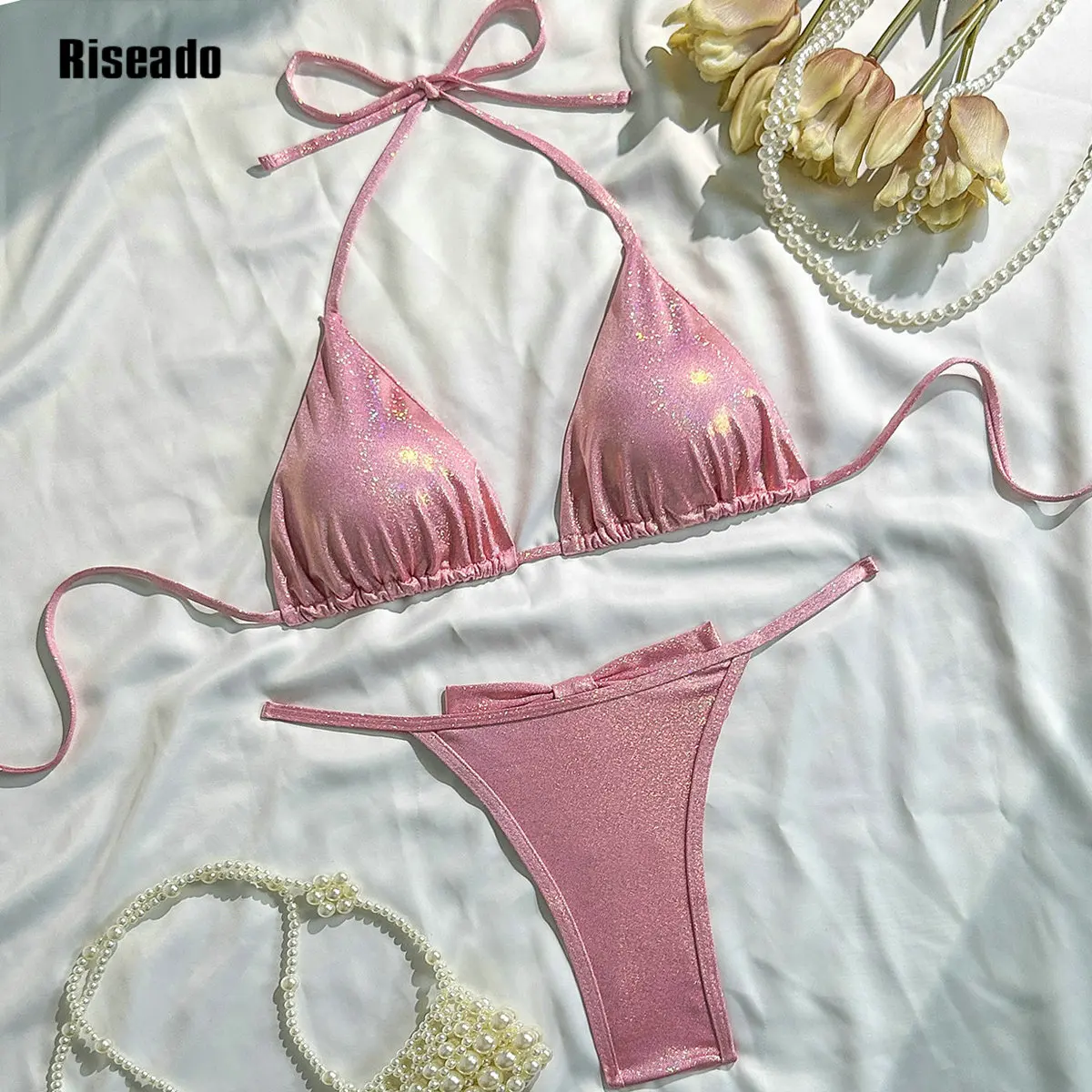 أطقم بيكيني نسائية بربطة عنق خلفية مكونة من قطعتين ملابس سباحة رفيعة للحفلات اللامعة #4