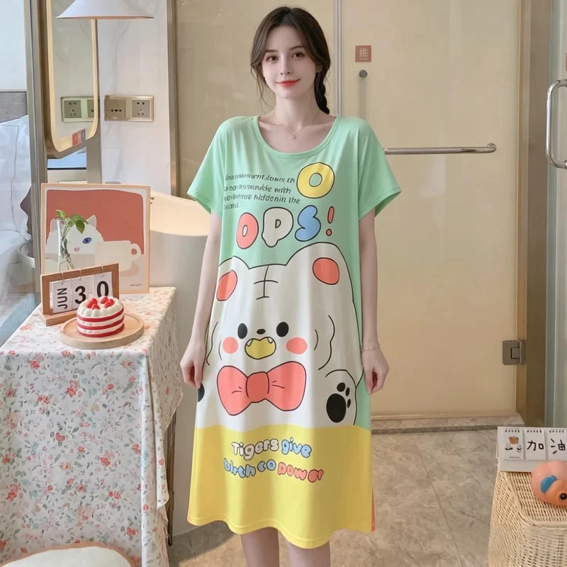 Summer And Autumn Cool Cute Girls Cartoon Nightdress Comfortable Short-Sleeved Dress Women'S Home Wear Polyester Pajama
