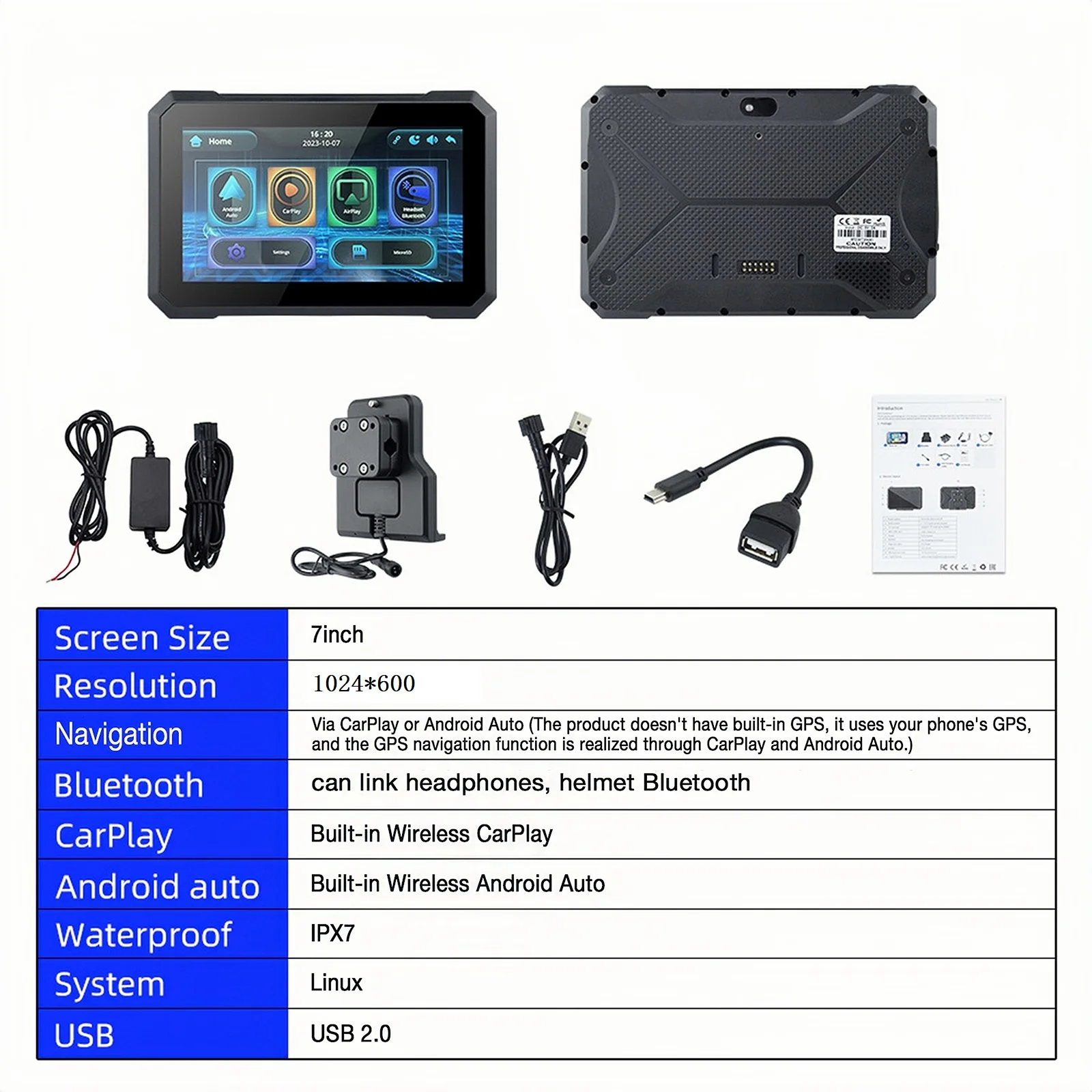 7 Inch Navigation Motorcycle Waterproof Carplay Screen Display Motorcycle Wireless Android Auto IPX7 Dual Bluetooth