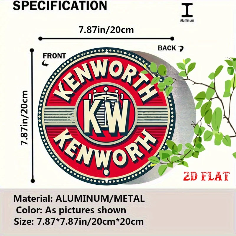 مسطح ثنائي الأبعاد، قطعة واحدة من علامة Kenworth KW المستديرة من الألومنيوم - لوحة فنية جدارية معدنية بشعار جريئة، ديكور ريفي على الطراز الكلاسيكي للمنزل، المرآب،