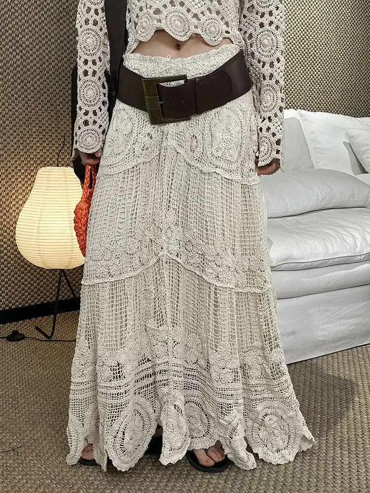 Beige High Waist Knitting Hollow Out Elegant Long Half-body Skirt Women Fashion  New Spring Autumn 2026 PYLV