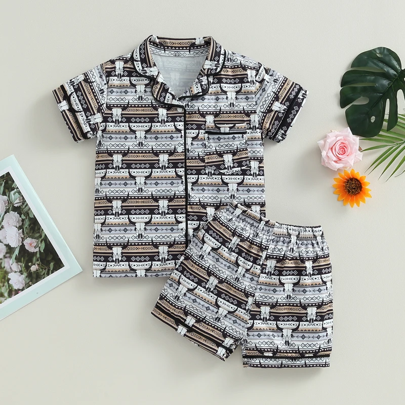 2023-05-12 Lioraitiin 1-6T Baby Girl Boy 2PCS Pajama Set Cute Cow Print Short Sleeve Button Shirt  Shorts Comfortable Sleepwear