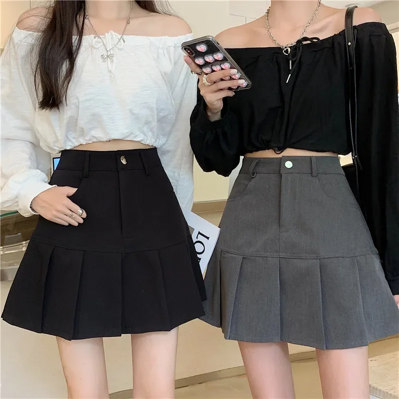 Rok Berlipat Wanita Y2k Rok Pensil Putih Harajuku Seragam Celana Pengaman Musim Panas Warna Polos Kasual Mini Rok Kawaii Fashion