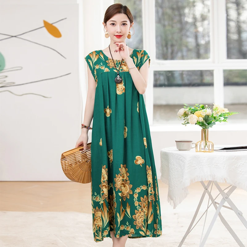 

Women's Sleeveless Print Dress New Summer Leisure Long Dresses Female Fashion Loose Round Neck Pocket Pullover Dress 4XL