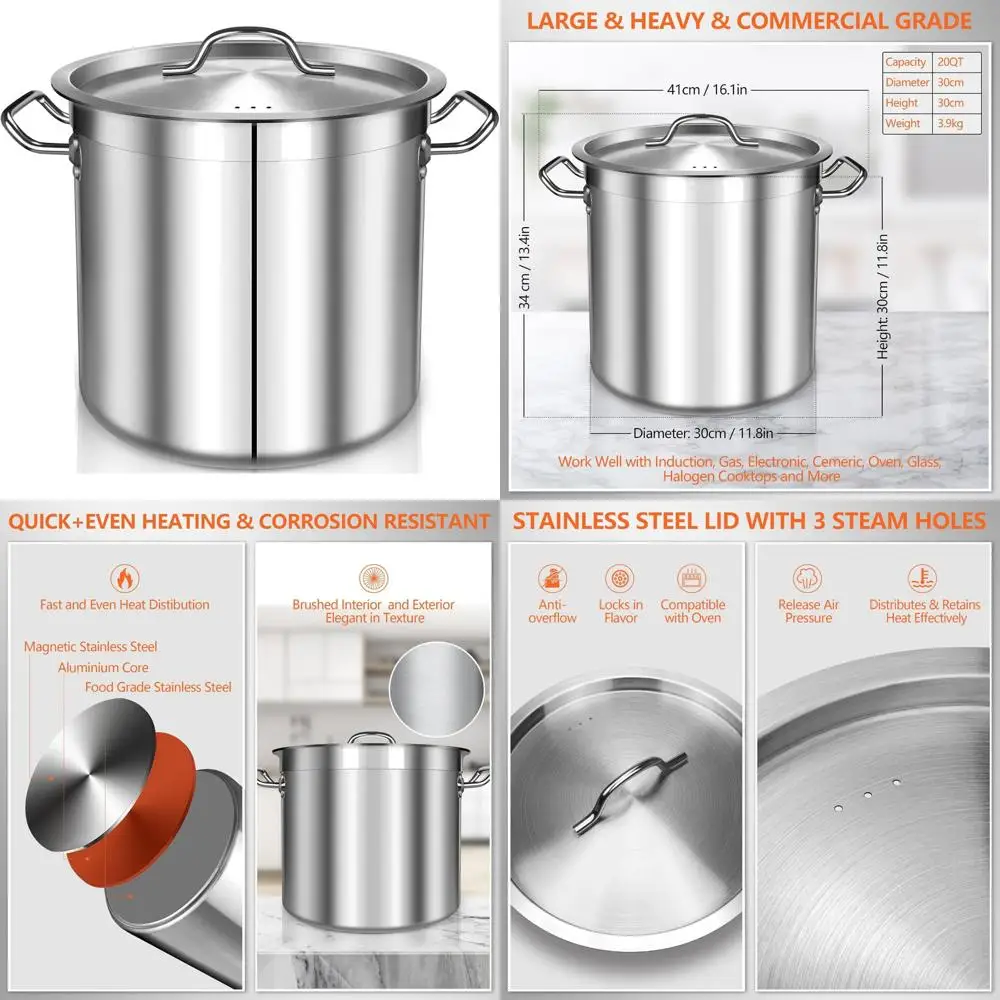 

Stainless Steel 20-Quart Stock Pot with Lid - Heavy-Duty Cooking Pot for Soup, Stew, Pasta - Ideal for Commercial and Home Kitch