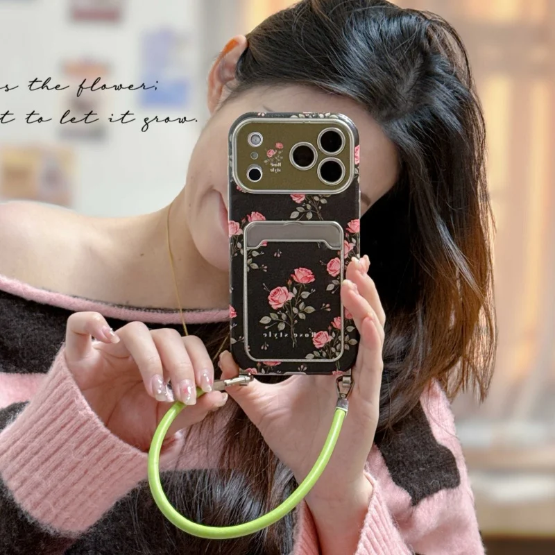 

Retro Black Flower Pattern Leather Card Slot Phone Case For Apple iPhone 17 Pro 14 15 16 Pro Max Cover with Hand Rope Cute Cases