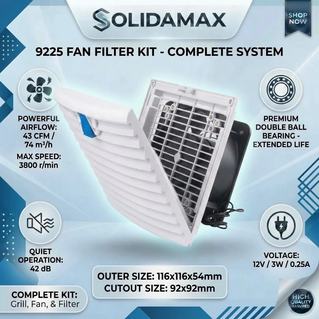 SOLIDAMAX 9225 DC 12V 0.25A 3800RPM 116x116mm 92x92mm Double Ball Bearing Dustproof Shutter Case Cooling Filter Vent Kit Fan