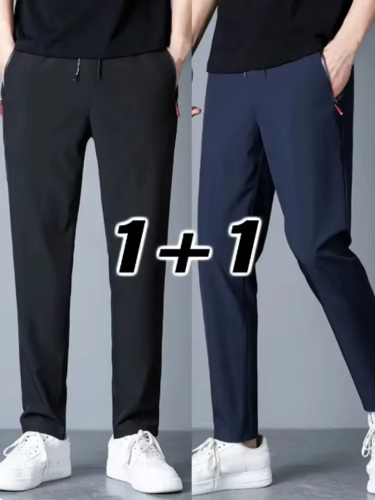 2 Pieces Straight Ankle-Length Pants Men Summer Ultra-thin Ice Silk Work Trousers Elastic Zipper Pockets Ankle-Length Pants