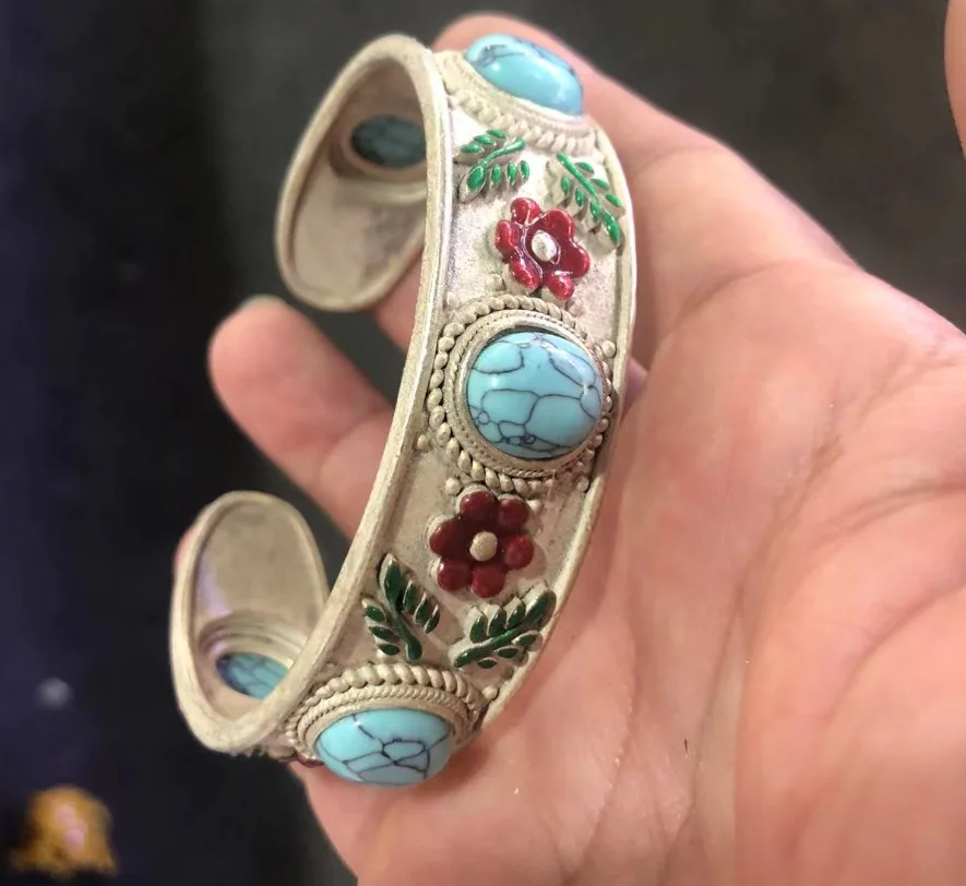 Miscellaneous Tibetan Silver Inlaid Turquoise Miao Silver Ethnic Style Bracelet Jewelry