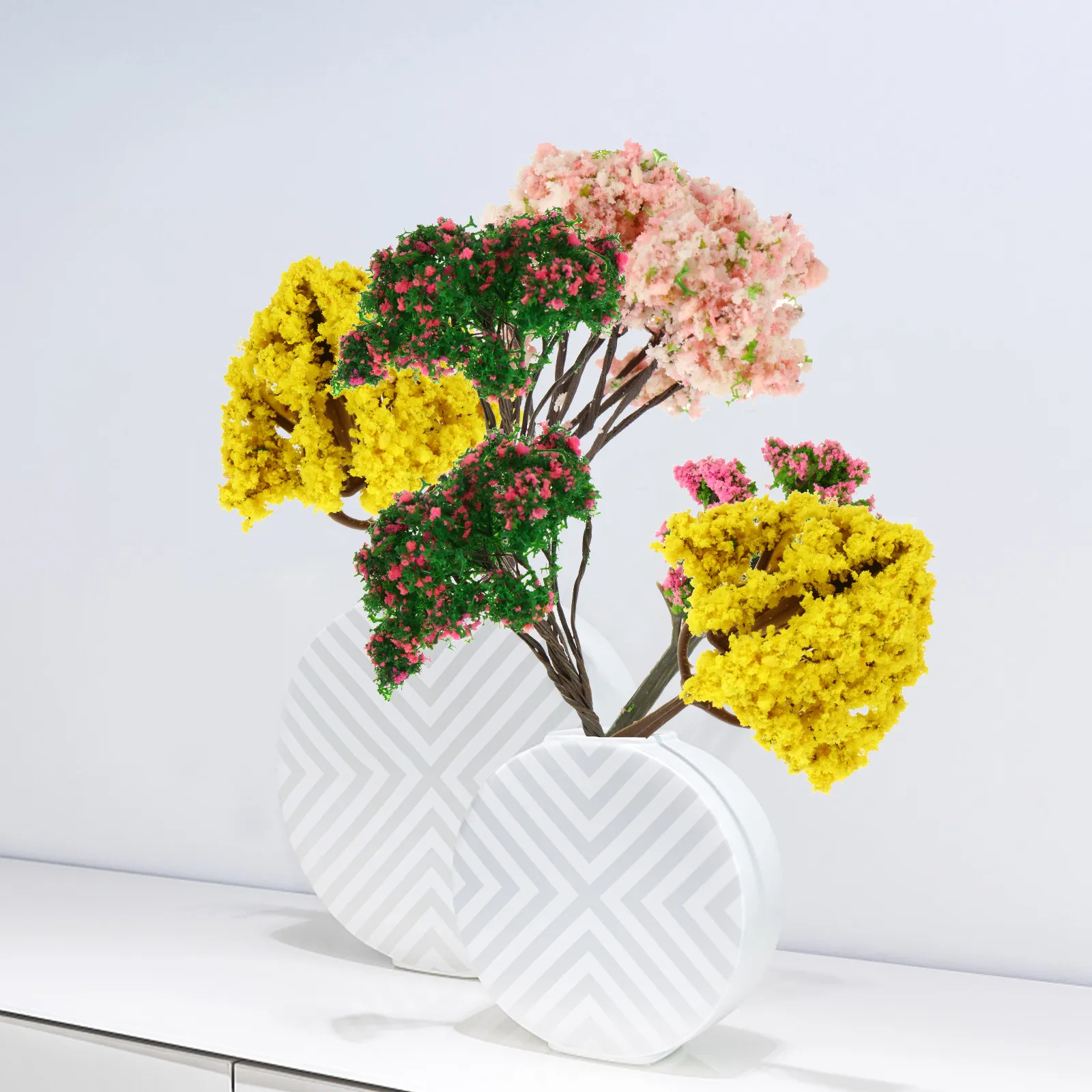 8 Stück Simulierte Sakura-Bäume in Rosa und Grün aus Kunststoff für DIY-Landschaftsdekorationen, Mikro-Sandtisch, Haus, Schreibtisch, Wohnzimmer