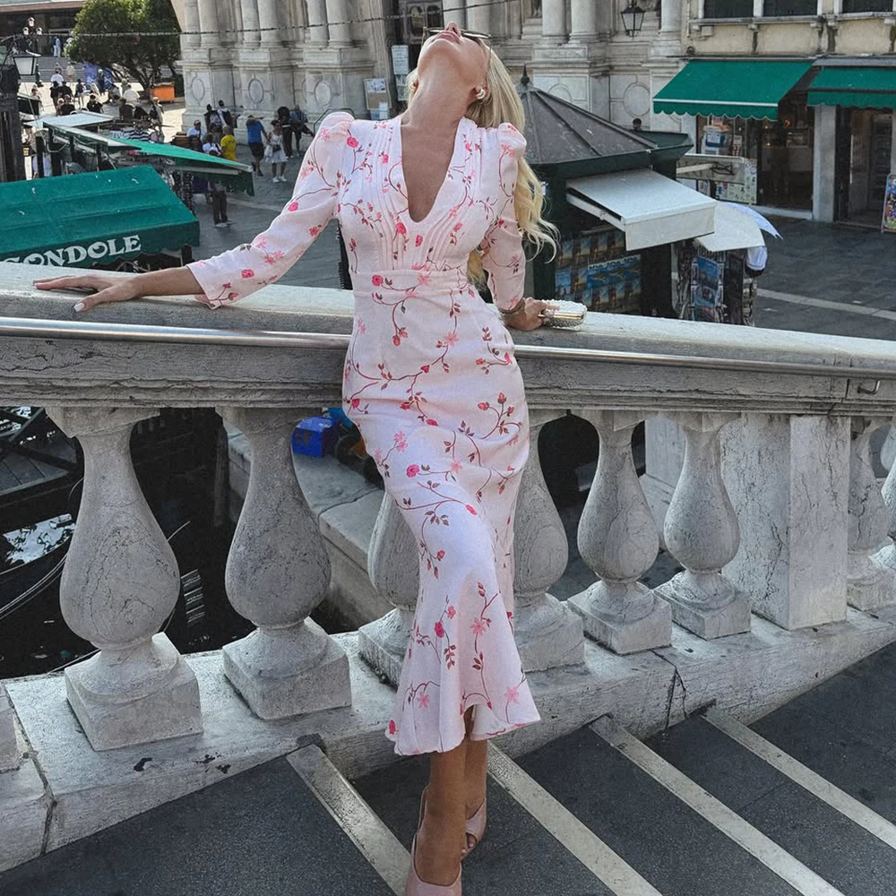 Tuularose Elegant Printed V-Neck Long Dress Female High Waist Bandage Slim Contrast Party Dress Evening Women Lace-Up Maxi Dress