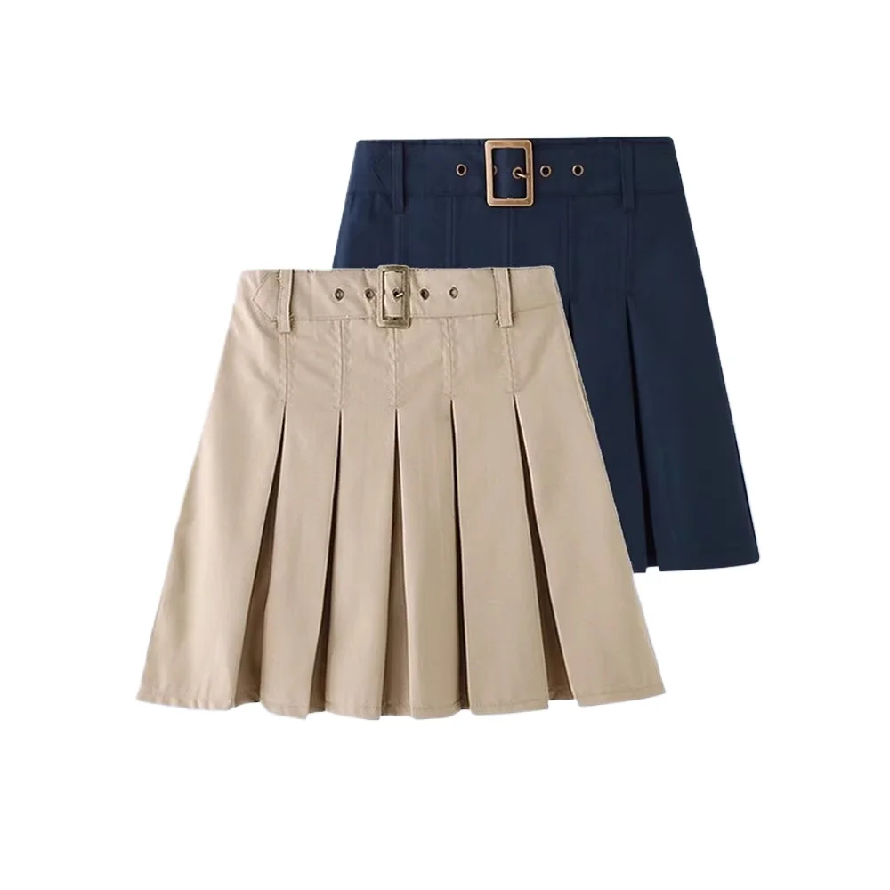 Girls' Khaki Pleated Skirt Teen Children's Class Uniform Iron Button Style Girl Student Short Dress Kids Navy Blue Half Skirts