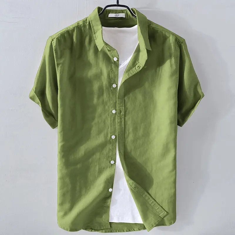 New Men's Short Sleeve Shirt Cotton and Linen Solid Color Flap-up Casual Beach Style Size Special Offer Summer