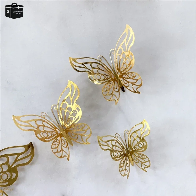 Adesivo de parede em forma de borboleta 3d oco, cor ouro, prata, rosa, decoração para casa, festa de aniversário e casamento, 12 pçs/set