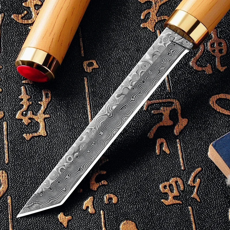 2.95 Inch Damascus Pattern Straight Knife Multifunctional Sharp Kitchen Knife Portable Carrying Pocket Knife