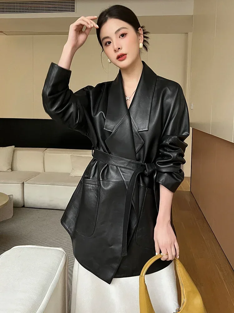 

Simple Mid-length Genuine Leather Blazer Jackets for Women 2024 New Trend High-end Casual Black Natural Sheepskin Coat with Belt