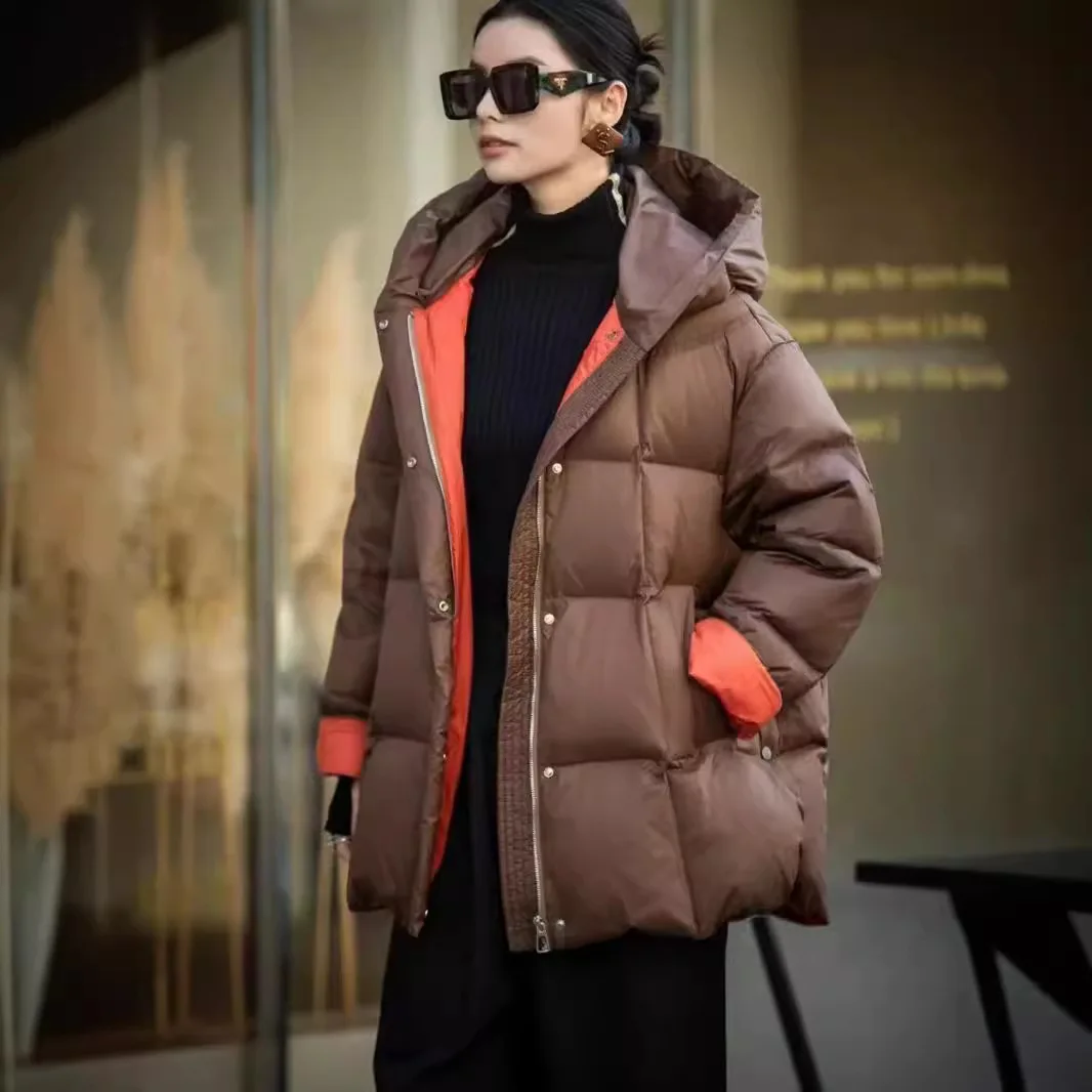 المرأة سترة شتوية المتضخم ألف خط التباين اللون مقنعين رشاقته معطف دافئ الفنية المرقعة سترة منفوخة العصرية