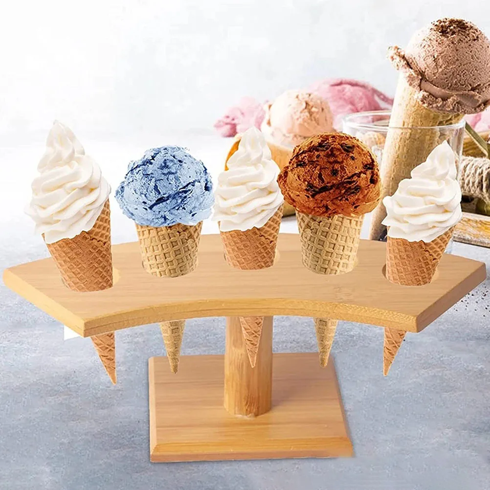 

5-Hole Wooden Ice Cream Cone Rack Multi-Functional Sushi Roll Stand Smooth Surface Ice Cream Display Holder for Events