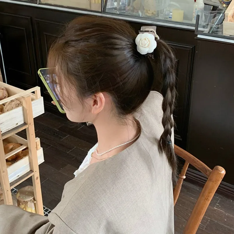 Korea Style Woven Flower Camellia Shark Clip Ponytail Braid Clip Hair Crab For Woman Handmade Exquisite Rose Floral Hair Clamps