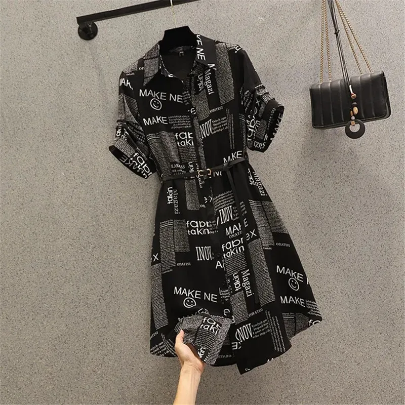 Große Größe frauen Sommer Neue Kleid Fett Schwester Schlanke Taille Retro Vestidos Hong Kong Geschmack Unregelmäßigen Gedruckt Hemd Kleider weibliche