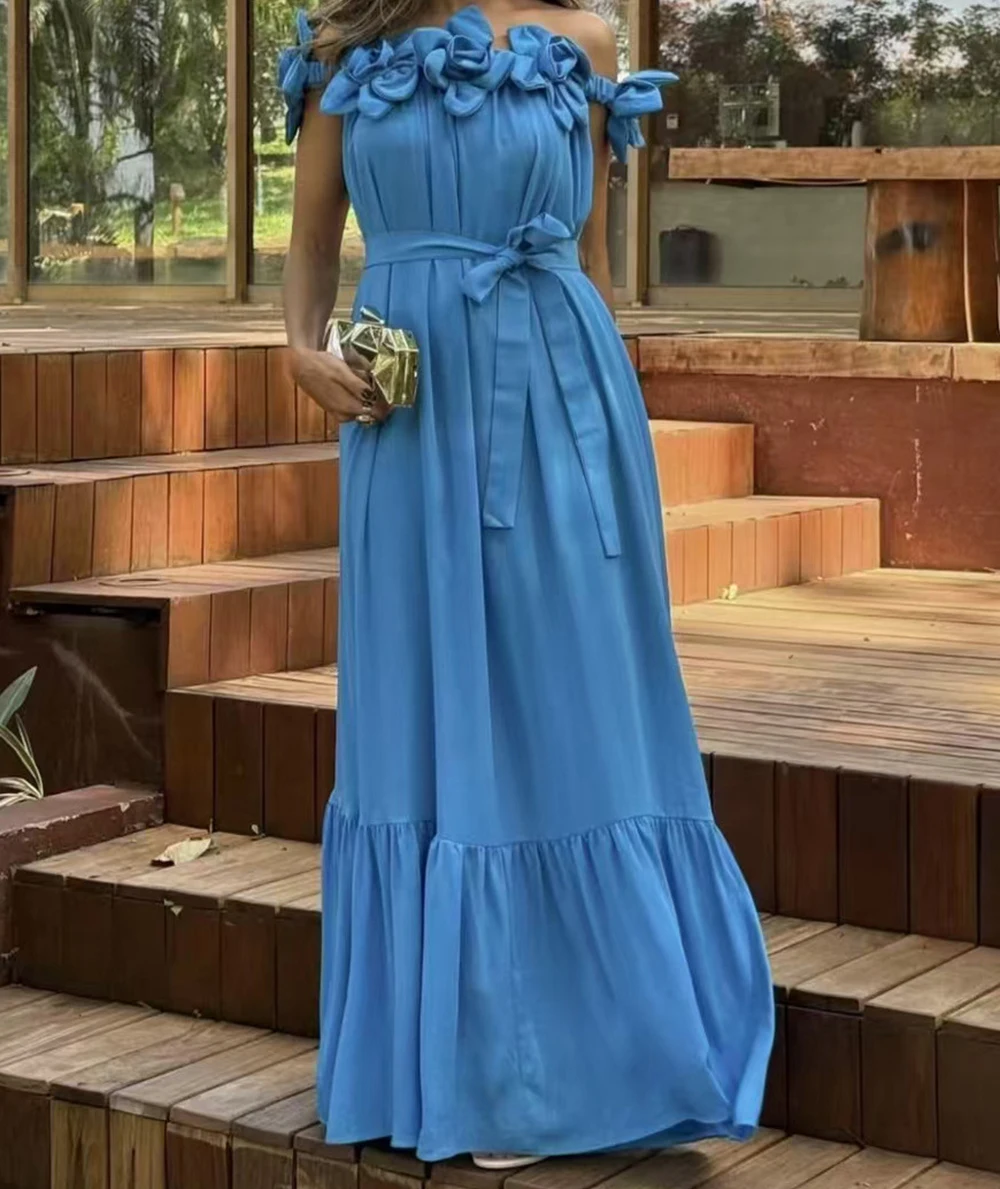 

2025 spring and summer new one-shoulder three-dimensional flower loose long skirt dress elegant dress-GZDL088