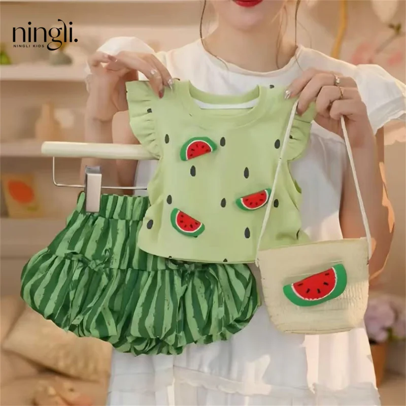 

Free Bag！Summer Girls' Clothing Set Mint Green Cute Sweet Cool 3D Watermelon Two-Piece Set