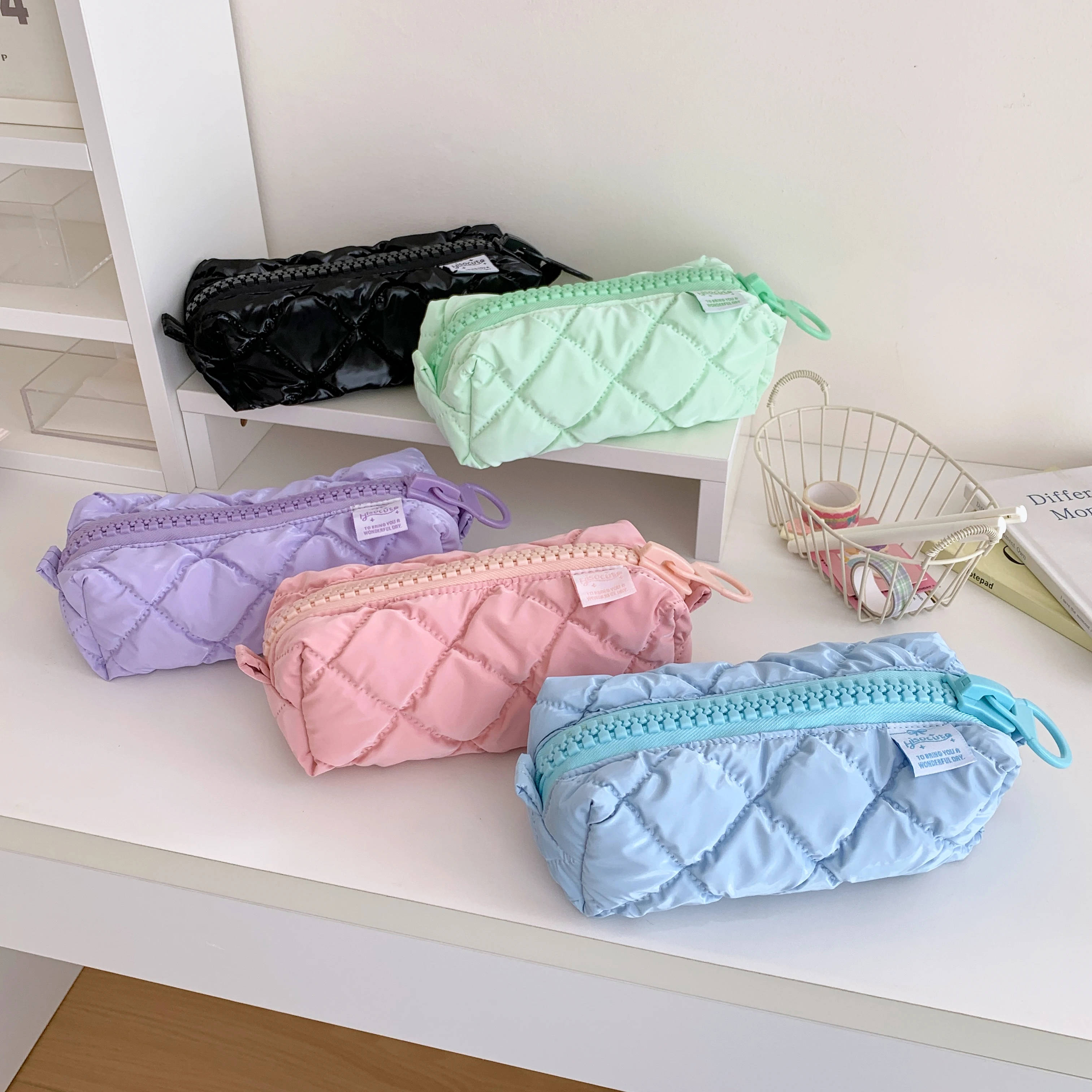 Soft Quilting Big Zipper Pencil Case School Stationary Storage Bag Large Capacity Pen Bag