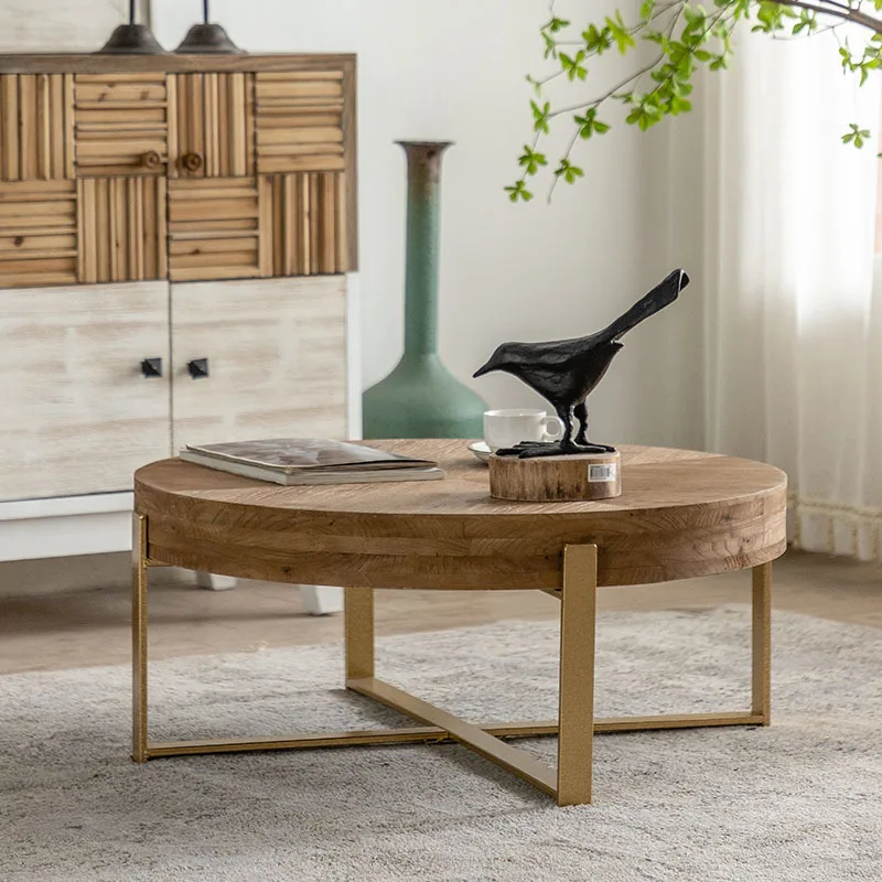 Wabi sand wind living room sofa, solid wood coffee table, retro old Internet celebrity small round table