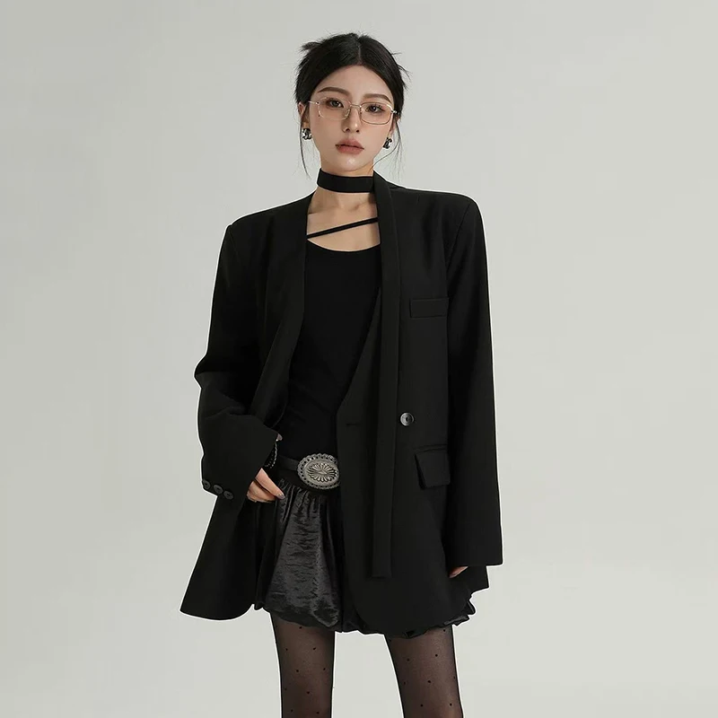 여성을위한 블랙 블레이저 가을 우아한 오피스 레이디 V 넥 정장 재킷 Y2K 한국 streetwear 느슨한 싱글 브레스트 여성 outwears