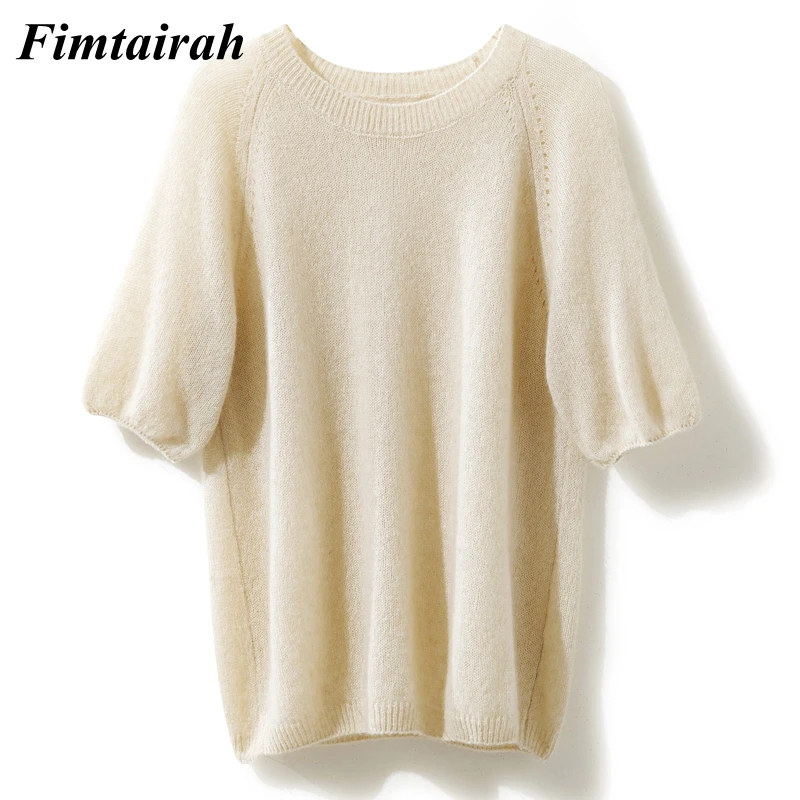 سترة نسائية من الكشمير ، بأكمام قصيرة ، تي شيرت فضفاض محبوك ، رقبة مستديرة ، بلوزة ، تي شيرت ، حرير التوت ، من Fimtairah