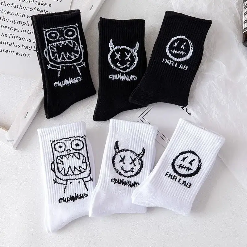 Men Women Socks Cotton Simplicity Anime Devil Grimace Harajuku Black White Graffiti Fashion Long Funny Hip Hop Sox Unisex medias