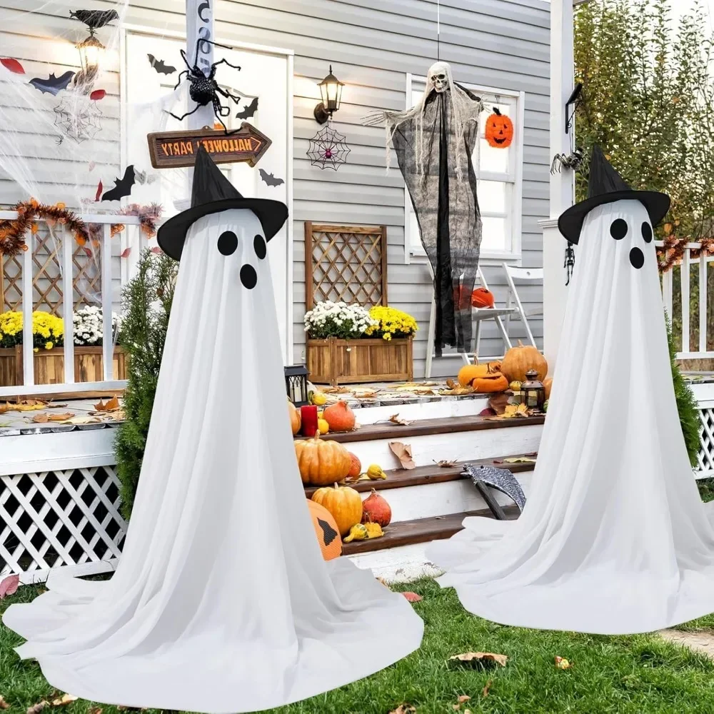 2Packs Halloween Decorations Outdoor, Cute Halloween Decorations Indoor, Spooky Ghost Halloween Decor with Witch Hat