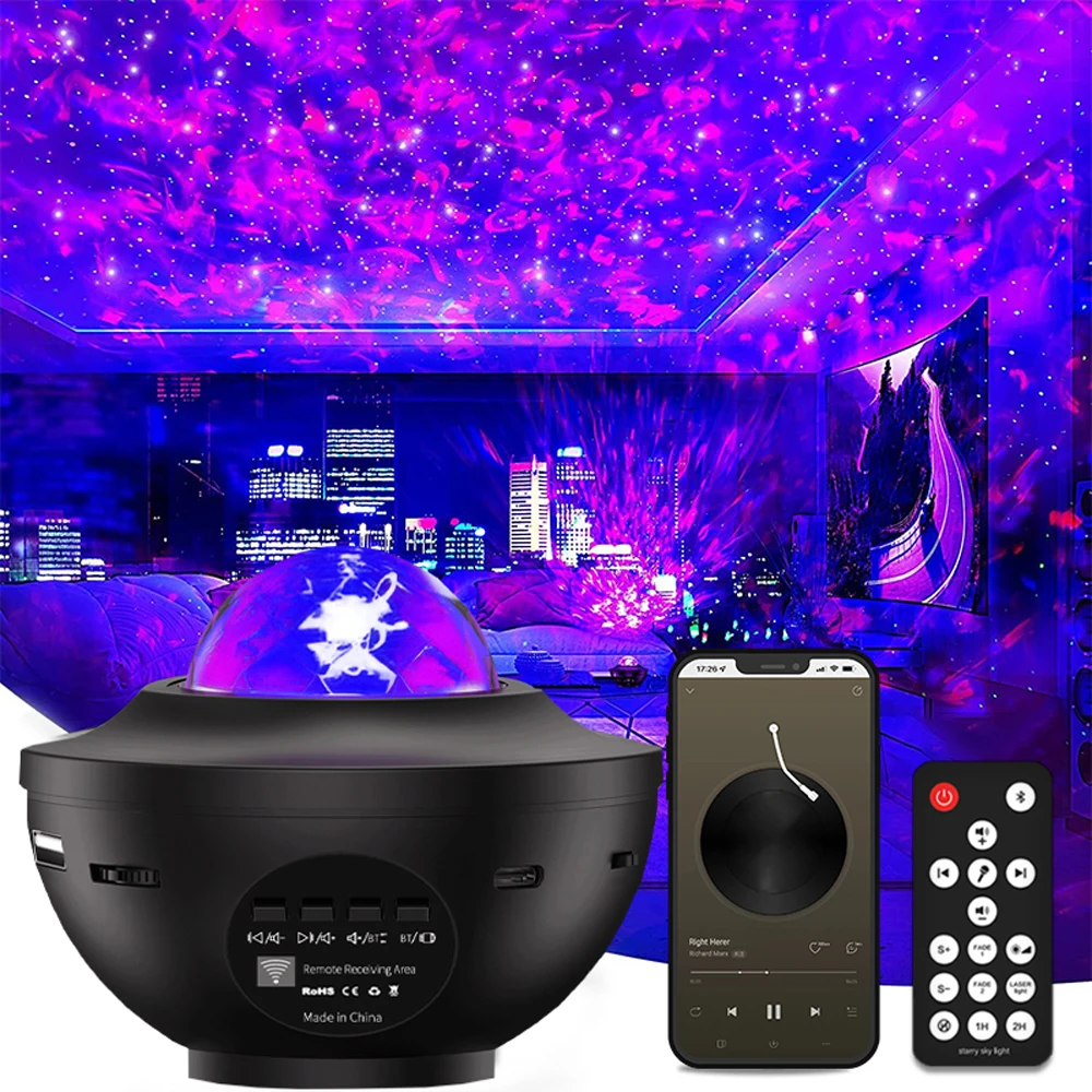 LED Starry Galaxy Projector Remote Control Night Light USB Bluetooth Music Player Romantic Ocean Projector Night Lamp Kids Decor