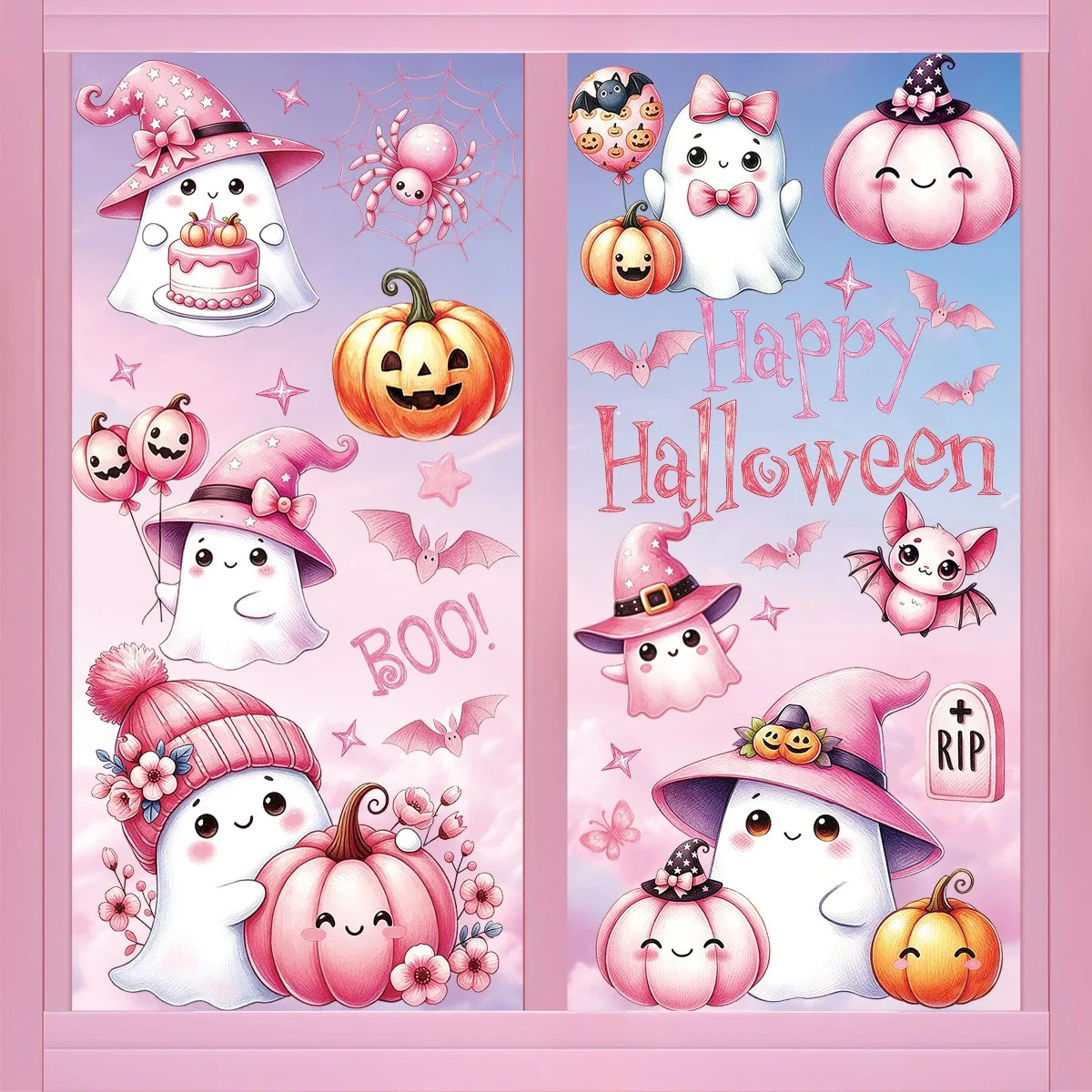 

Pink Bow Ghost Pumpkin Bat Spider Halloween Static Window Clings Cute Party Decorations for Glass Windows