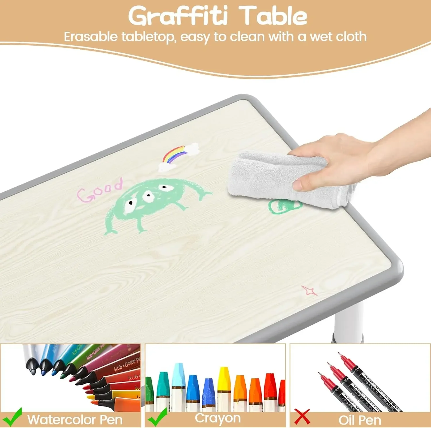 Conjunto de mesa infantil e 6 cadeiras com caixa de armazenamento, conjunto de mesa e cadeira para crianças com altura ajustável para idades de 2 a 10 anos, graffiti