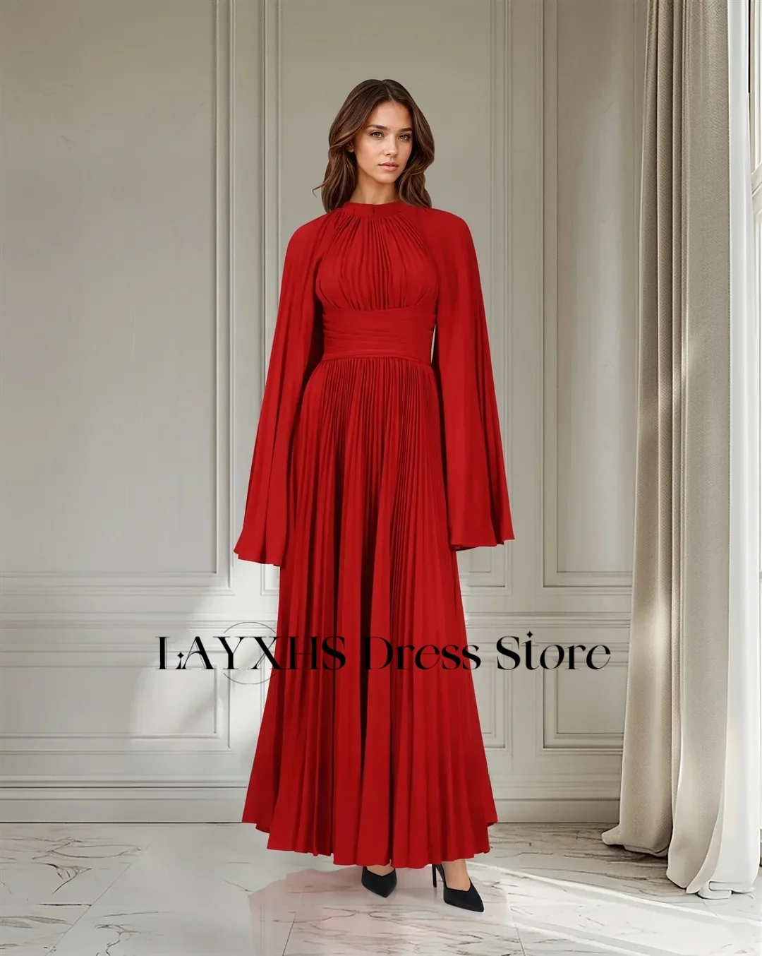 LAYXHS Mode Rode O-hals Avondjurken A-lijn Lange mouwen Plooien Enkellange Galajurken Op maat gemaakt فساتnement