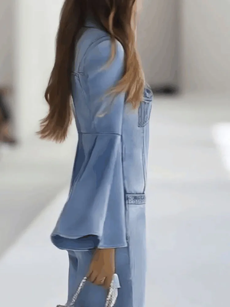 

Осенний свободный джинсовый комбинезон с расклешенными рукавами, женский повседневный однобортный комбинезон с лацканами, новинка 2025, ретро, длинные брюки с карманами, комбинезон