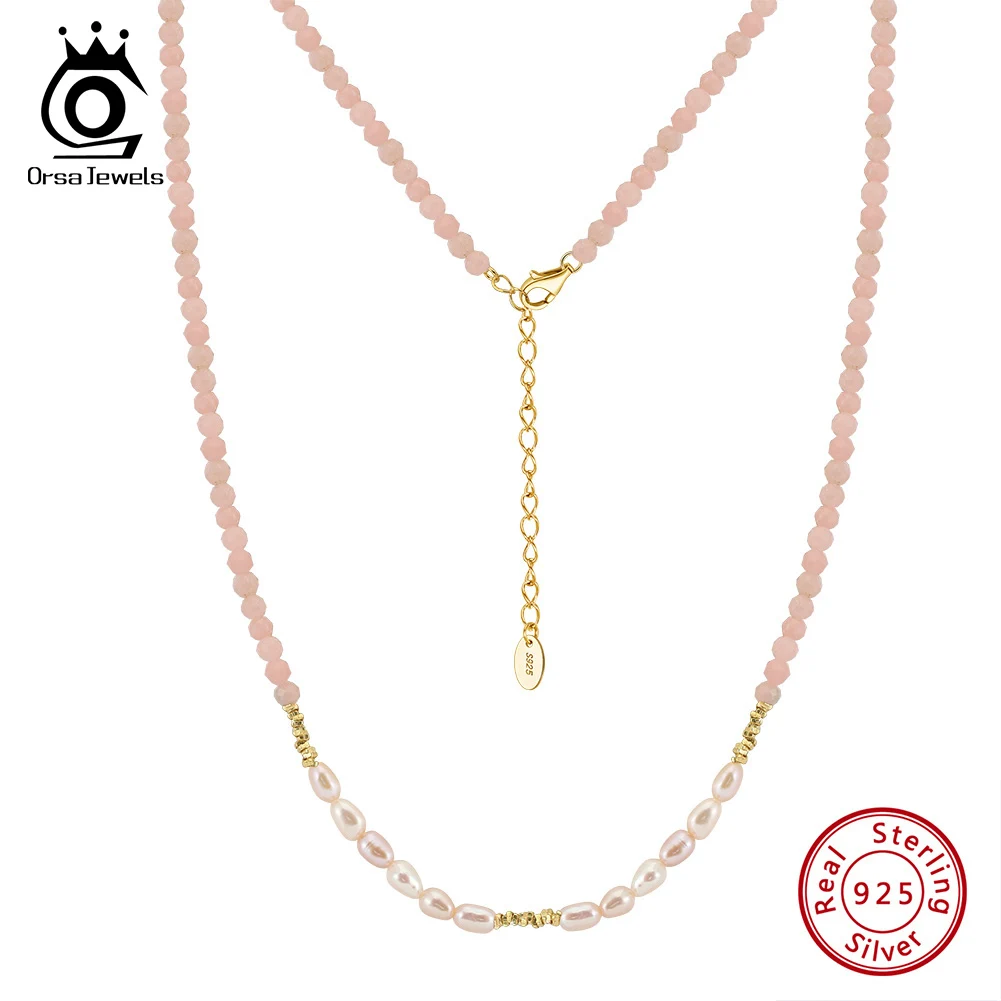 

ORSA JEWELS Natural freshwater pearl Chain Necklaces For Women with Pink Opal 925 Silver Niche New Fashion Simple Jewelry MPN05