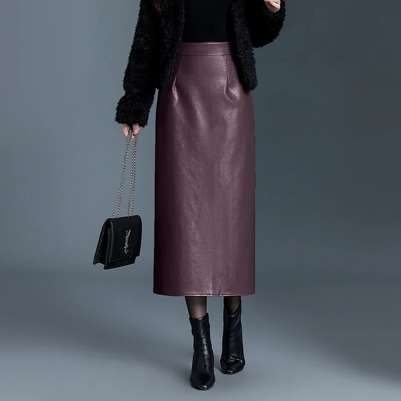 ZUZK Vrouwen Nieuwe PU Lederen Bodycon Rokken Rechte Rok Herfst Winter Hoge Taille Chic Eenvoudige Veelzijdige PU Lange Rok