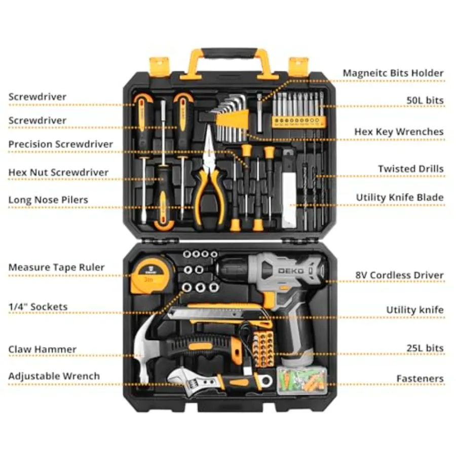 Home repair tool set: 8V cordless drill, tool box, 126-piece hand drill kit for men and women, DIY and handyman use, black and