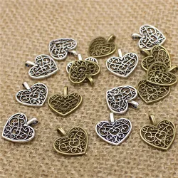 100Pcs 15*16mm Hollow Filigree Heart Charms Three Color Vintage Metal  Trendy Heart Pendant for Jewelry