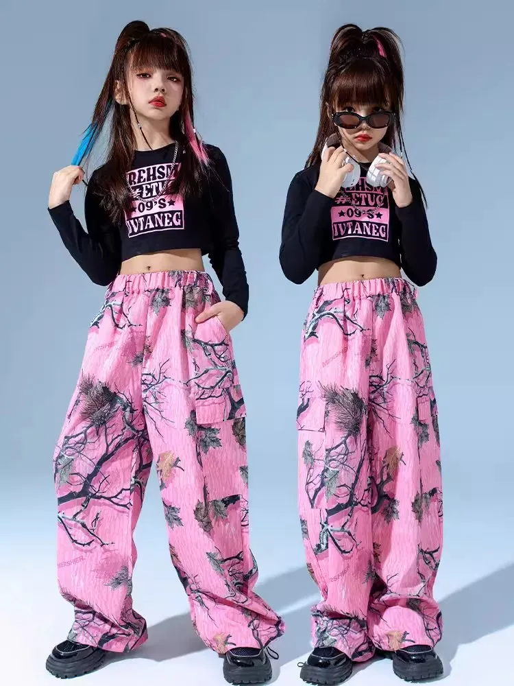 Fato de dança de jazz infantil, roupa de Kpop, tops recortados, calça rosa, roupas hip hop, roupas de palco, BL11817