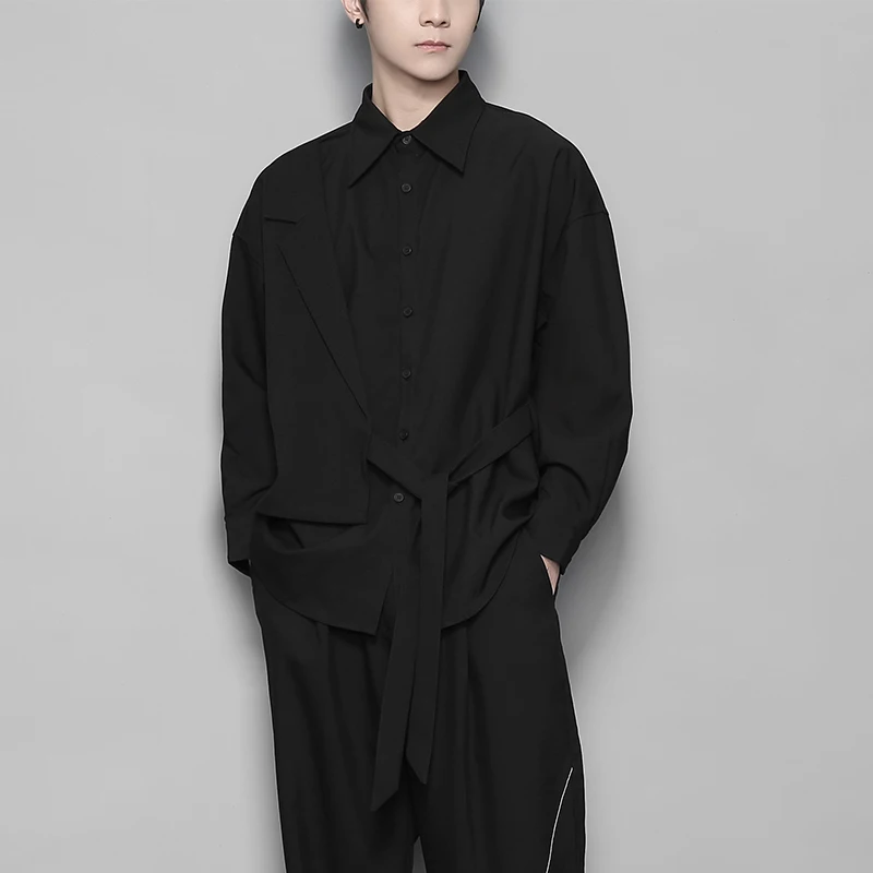 

Original Design Men's Trendy Shirt Personality Irregular Splice Black Leisure Fake Two-Piece Long Sleeve Streetwear Fashion Top