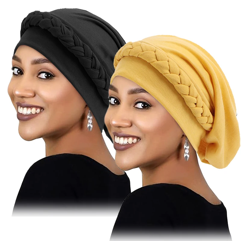 2PCS/LOT New Women\'s Braid Elastic Turban Muslim Twist Fashion Hat Cancer Hat Chemo Cap Head Wrap Cover Hair Islamic Headwear