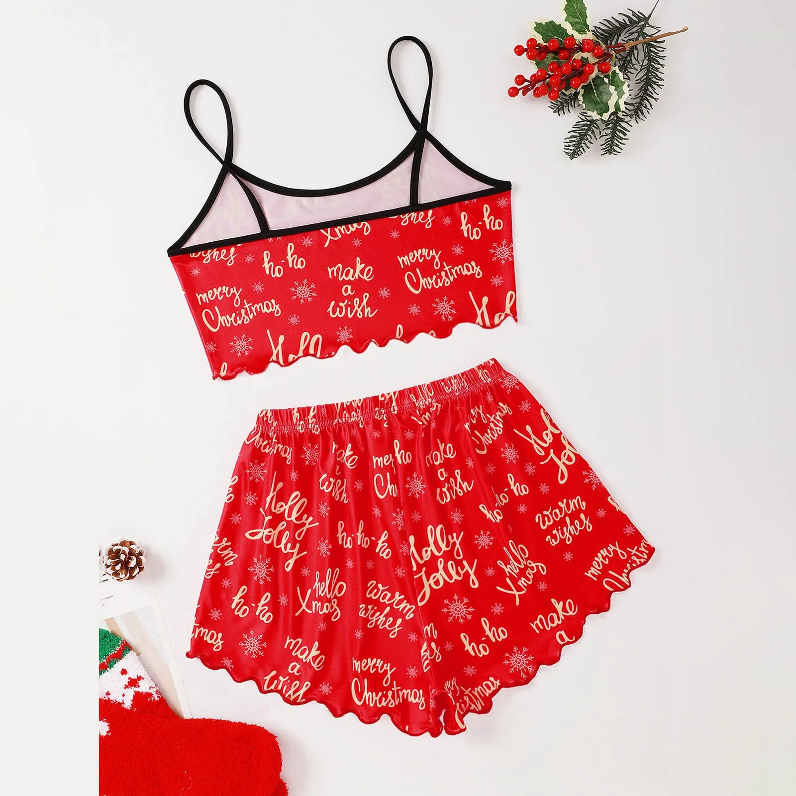 Women's 2pcs Cute Soft Comfy Christmas Pyjama Set Hello Xmas Print Tank Top & Bow Front Shorts Sleepwear Pajamas Set