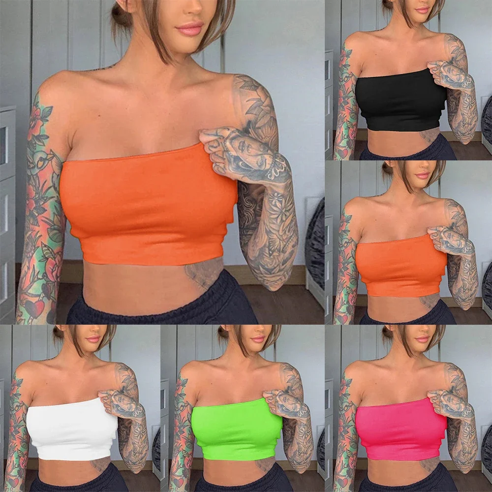 Fashion Summer Women's Bras Lingerie Vest Cropped One-Shoulder Polyester Sexy Solid Color Strapless Stretch Bandeau Basic