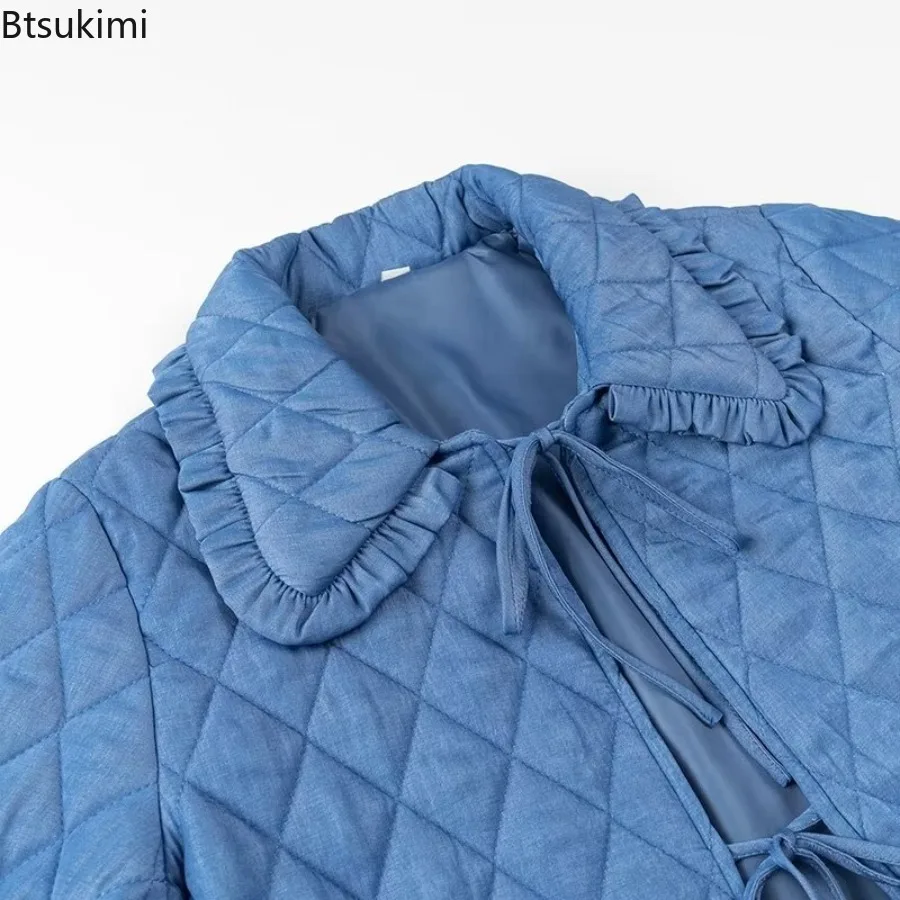 Woman Fashion Solid Turn Down Collar Loose Cotton Jacket 2025 Female High Street Argyle Warm Jackets Girls Casual Lacing Outwear