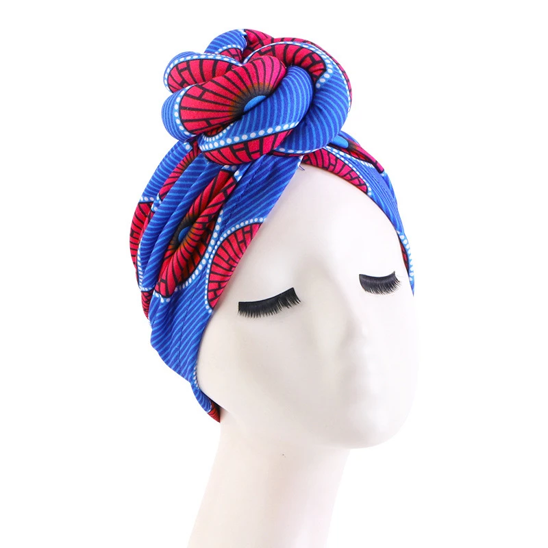 African Pattern Floral Print Knotted Turban Women Chemo Cap Headscarf Beanie Hat Party Wedding Turban Headwear Turbante Mujer