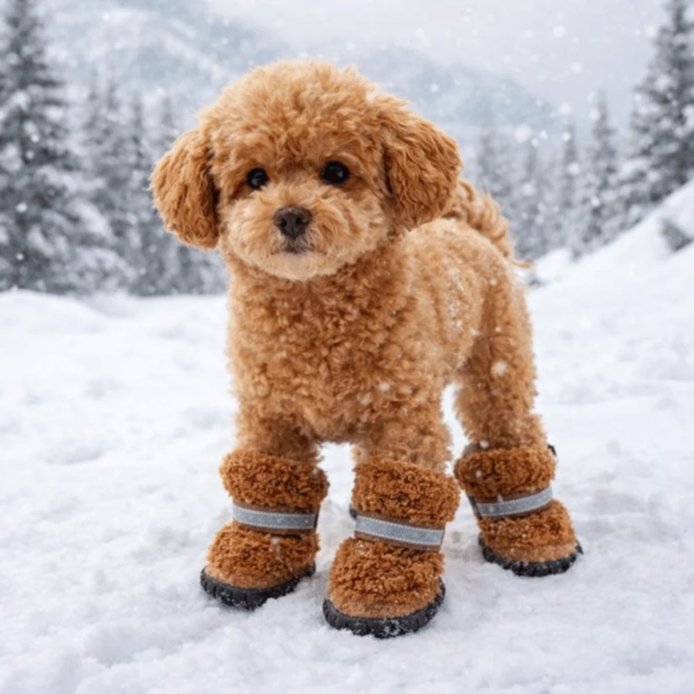 4 pcs/set Warm Dog Cotton Shoes Anti-Scratch Wear-Resistant Anti-Slip Dog Shoes Comfortable Winter Dog Boots Hiking